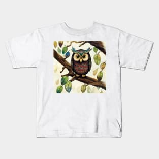 Cute Owl with russet and teal feathers Kids T-Shirt